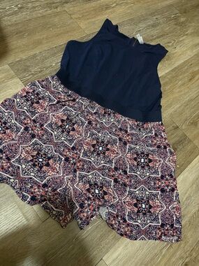 Navy Tank Top Romper with Patterned Shorts